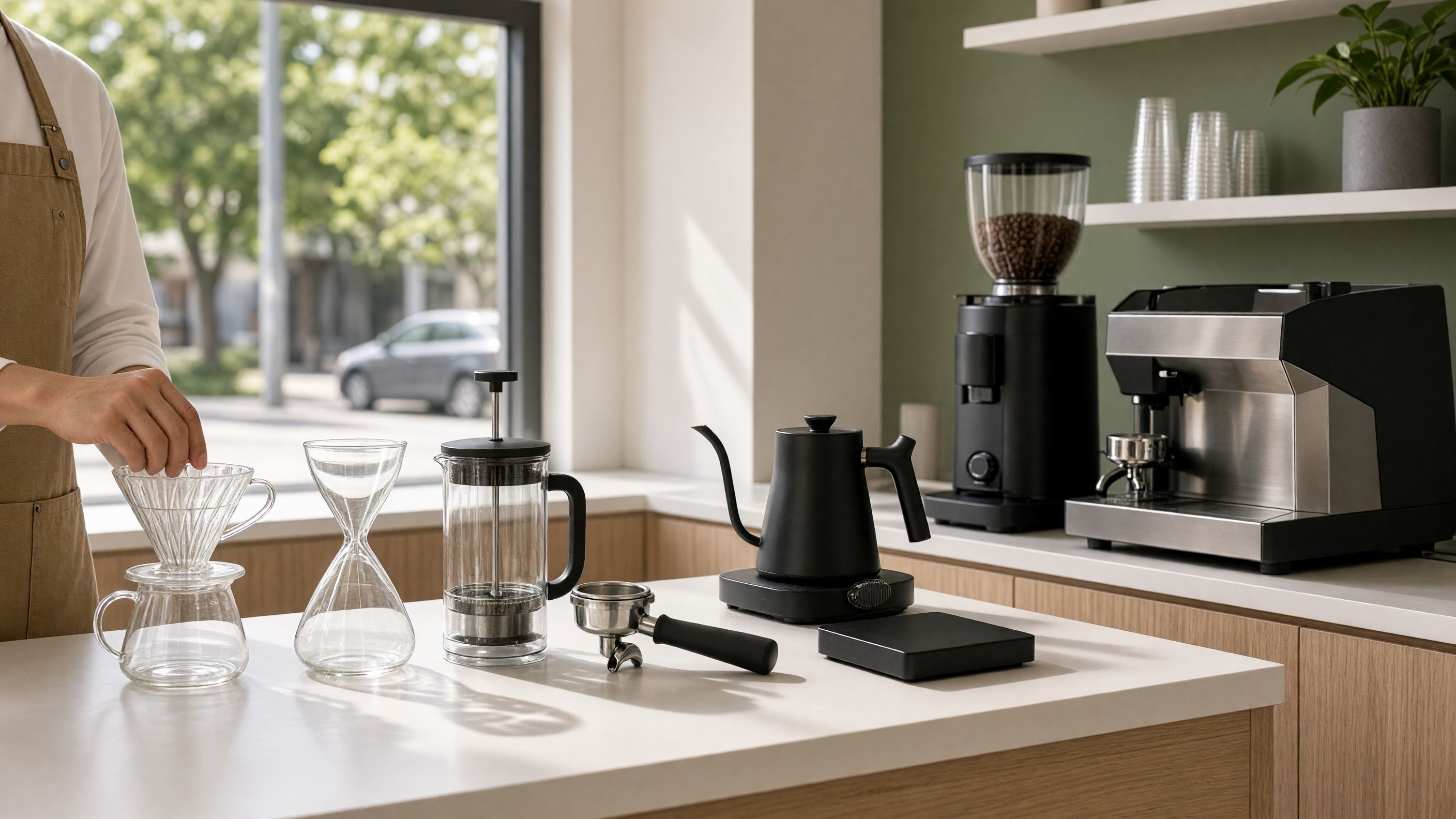Comparison of coffee brewing methods showing V60, Chemex, AeroPress, and espresso machine side by side with their respective coffee outputs