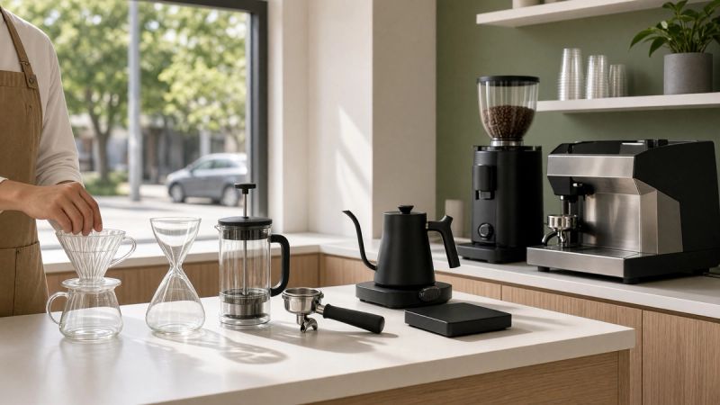 Comparison of coffee brewing methods showing V60, Chemex, AeroPress, and espresso machine side by side with their respective coffee outputs