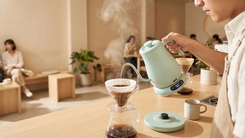 Termómetro de precisión midiendo la temperatura del agua en una tetera de cuello de cisne para preparar café, mostrando el rango óptimo de temperatura para la extracción