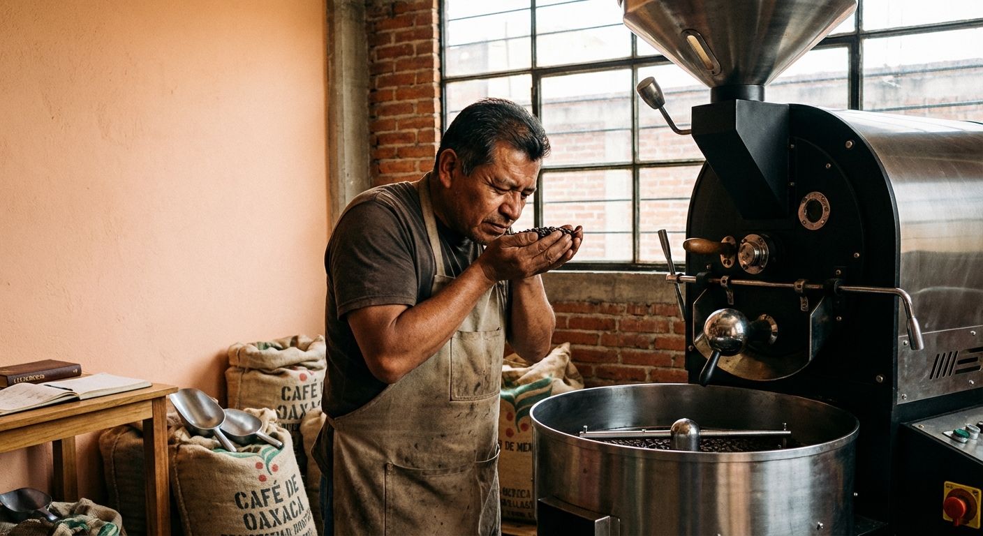Tostador de café monitoreando cuidadosamente los granos en una máquina de tueste moderna, con café recién tostado en la bandeja de enfriamiento liberando humo aromático