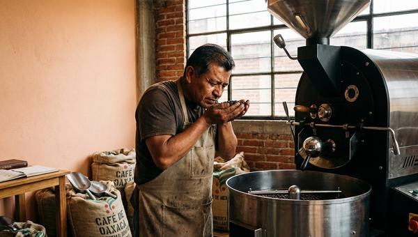 Tostador de café monitoreando cuidadosamente los granos en una máquina de tueste moderna, con café recién tostado en la bandeja de enfriamiento liberando humo aromático