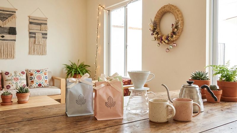 Elegante set de regalo de café con granos artesanales, equipo de preparación y decoraciones festivas navideñas