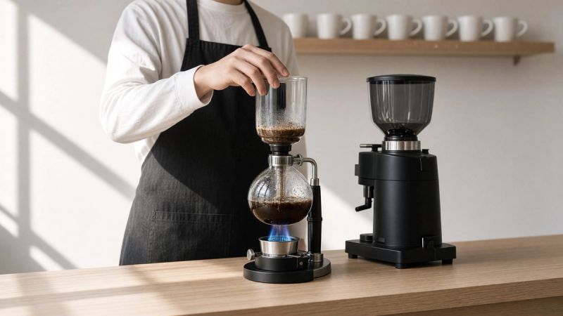 Traditional Japanese kissaten coffee house interior with nel drip brewing equipment, vintage decor, and a barista carefully preparing slow-drip coffee
