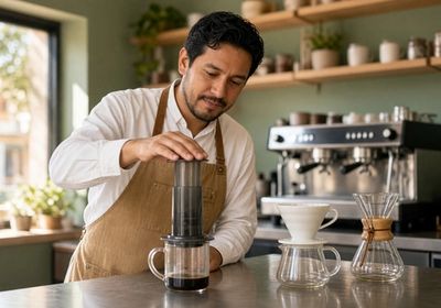 Barista pressing an AeroPress over a glass mug on the TOLO bar