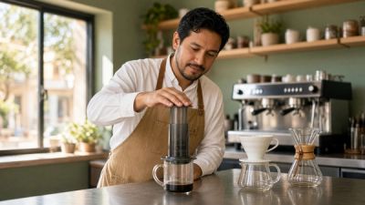 Barista pressing an AeroPress over a glass mug on the TOLO bar