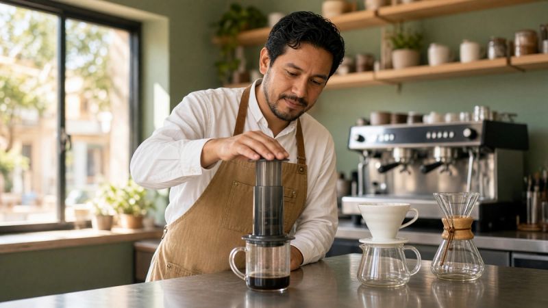 Barista pressing an AeroPress over a glass mug, with a ceramic cone dripper, a wood-collared pour-over carafe and an espresso machine beside him