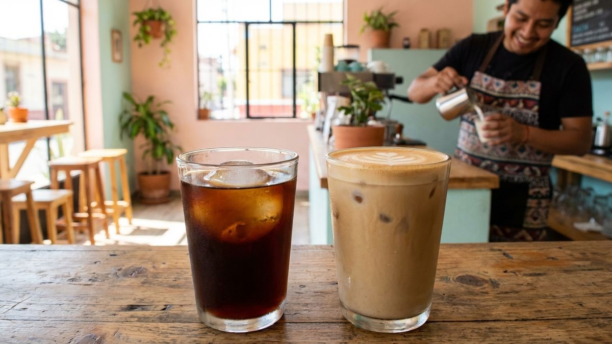 Comparación lado a lado de cold brew en un vaso alto y café helado sobre cubitos de hielo, mostrando la diferencia visual entre las dos bebidas