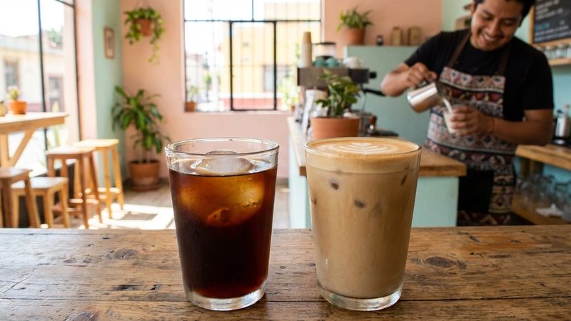 背の高いグラスに入ったコールドブリューと氷の上のアイスコーヒーを並べて比較、2つの飲み物の視覚的な違いを示す