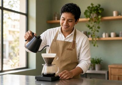 Barista pouring from a gooseneck kettle into a glass pour-over dripper on a scale