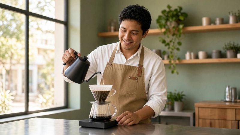 Smiling barista in a tan apron pouring water from a gooseneck kettle into a V60 pour-over on a café counter