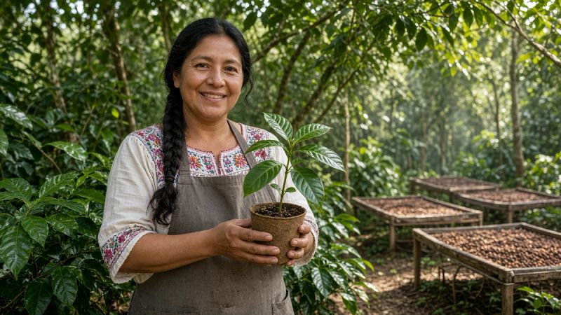 Coffee producer smiling and holding a coffee seedling on a shade-grown farm, raised drying beds behind her