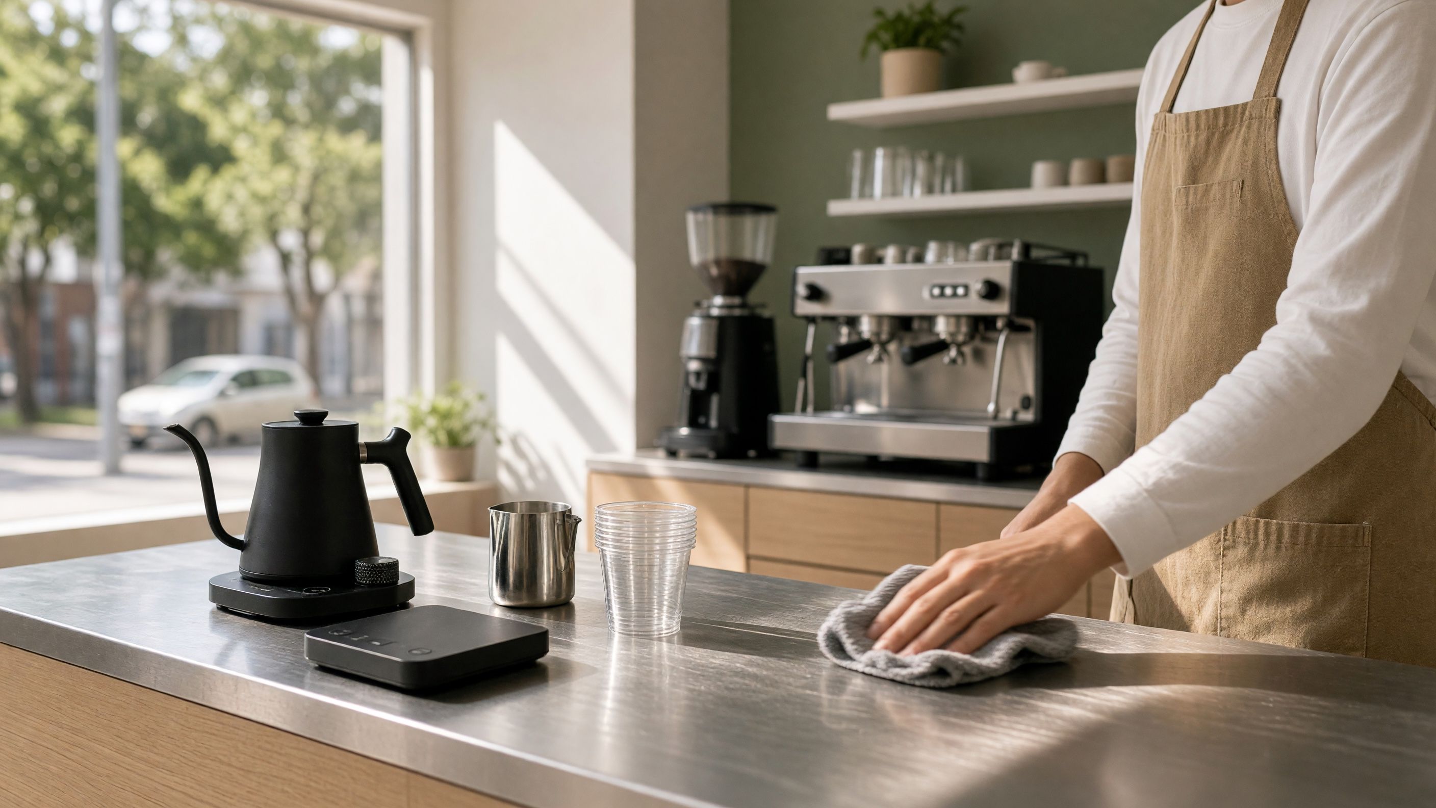 Interior of a modern specialty coffee shop with baristas preparing pour-over coffee behind the counter, showcasing professional brewing equipment and fresh coffee beans