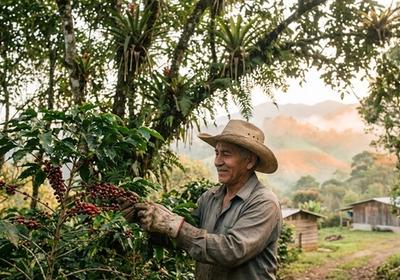Finca de café sostenible con plantas de café cultivadas a la sombra, prácticas ecológicas y materiales de empaque reutilizables