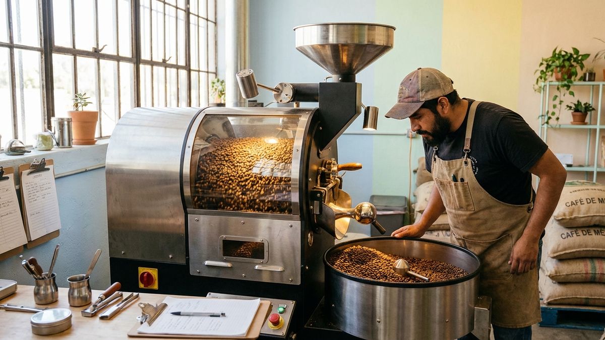 Coffee roasting drum with beans at different roast levels showing the scientific transformation from green to dark roast