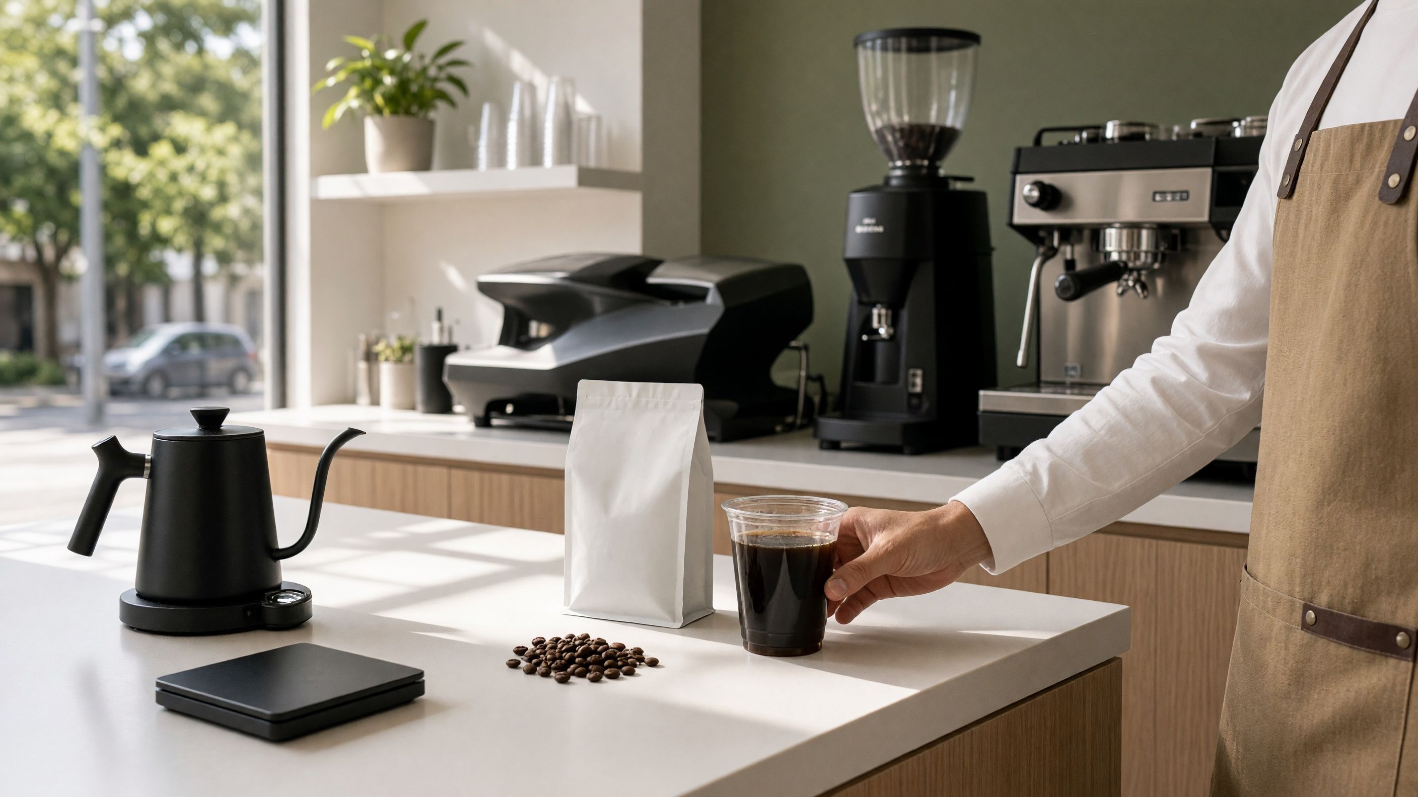 Premium specialty decaf coffee beans with Swiss Water Process certification label and elegant packaging