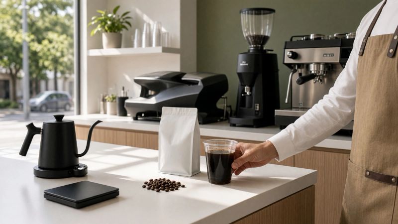Premium specialty decaf coffee beans with Swiss Water Process certification label and elegant packaging