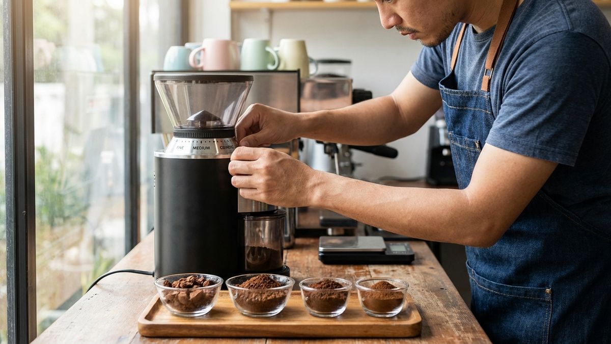 Primer plano de las muelas de un molinillo de café con granos recién molidos mostrando diferentes tamaños de molienda