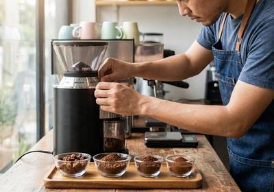 Gros plan sur les meules d'un moulin à café avec des grains fraîchement moulus montrant différentes tailles de mouture