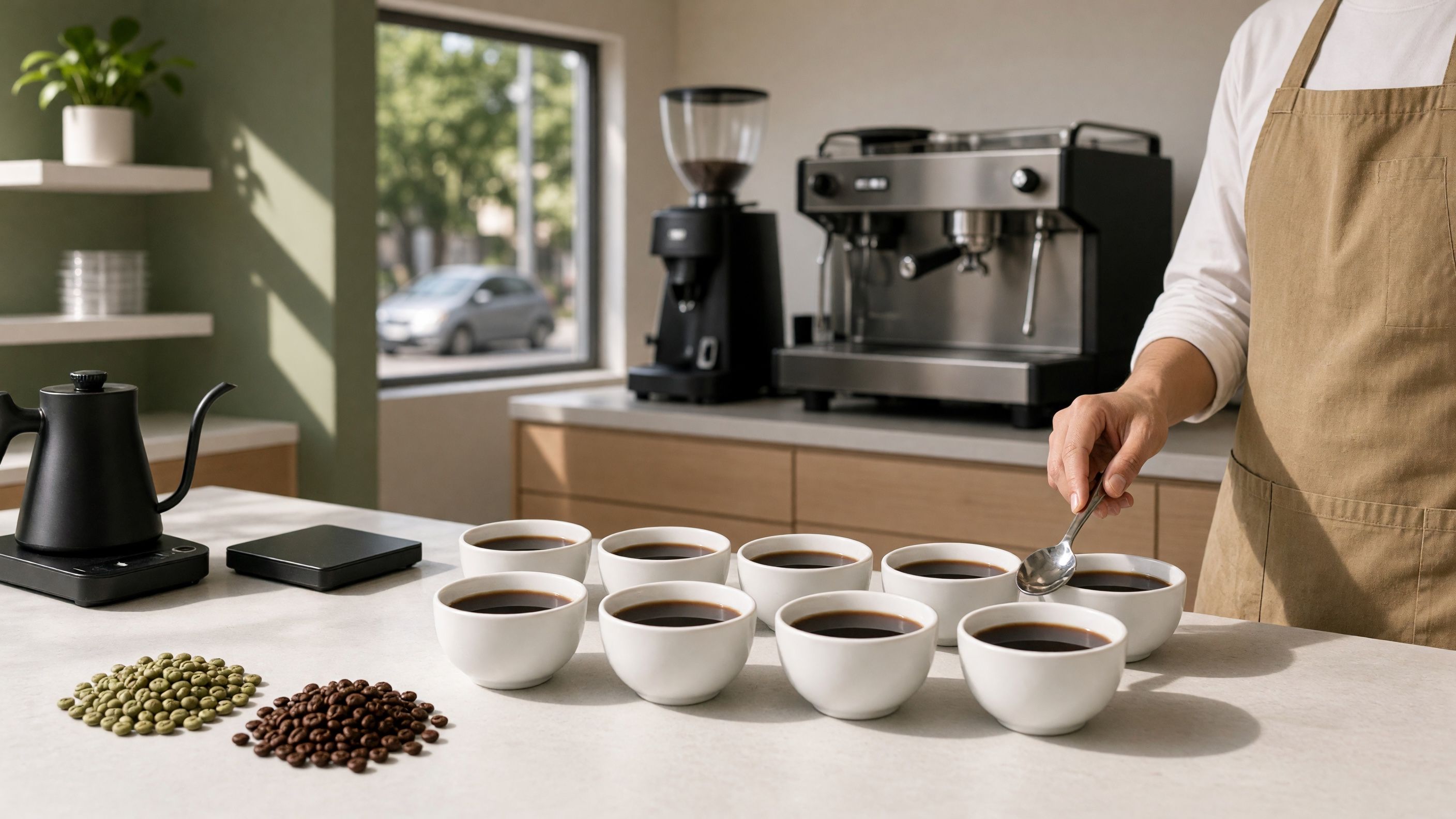 Coffee cupping session with multiple cups arranged on a wooden table for tasting notes evaluation