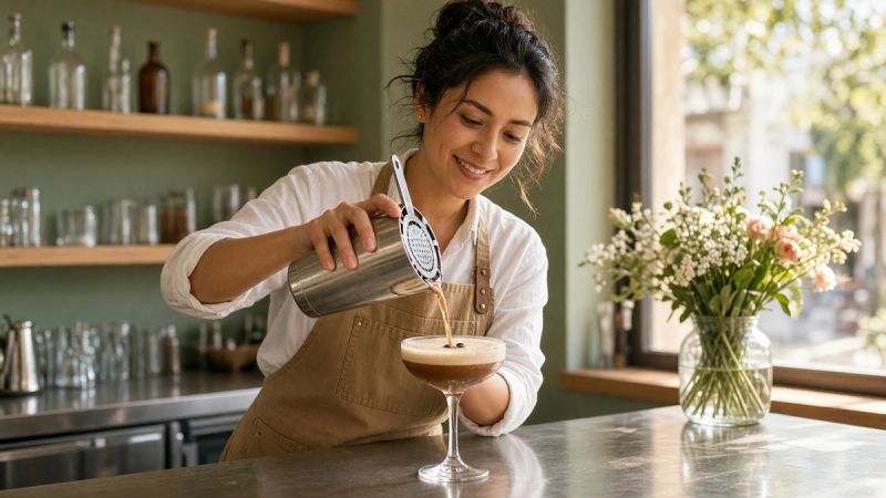Bartender sonriendo mientras cuela un espresso martini en una copa decorada con granos de café, con flores de primavera sobre la barra