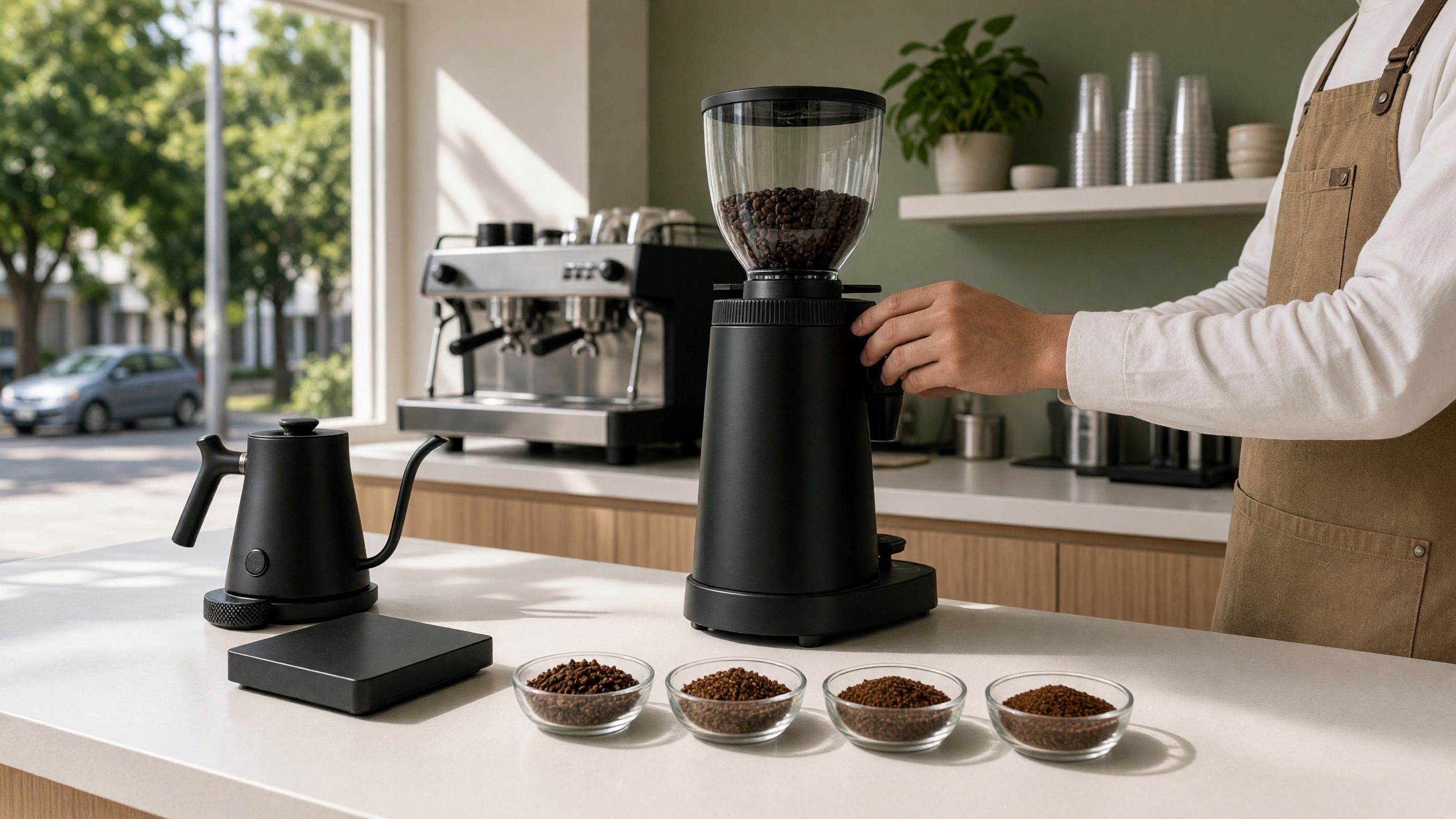 Close-up of coffee grinder burrs with freshly ground coffee beans showcasing different grind sizes