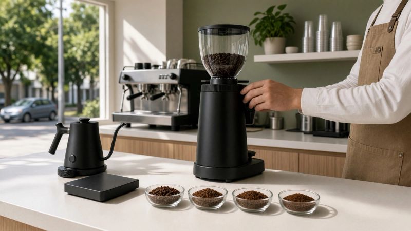 Close-up of coffee grinder burrs with freshly ground coffee beans showcasing different grind sizes