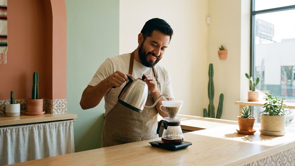 Barista realizando preparación de café por vertido con un V60, vertiendo cuidadosamente agua caliente en círculos concéntricos sobre café recién molido