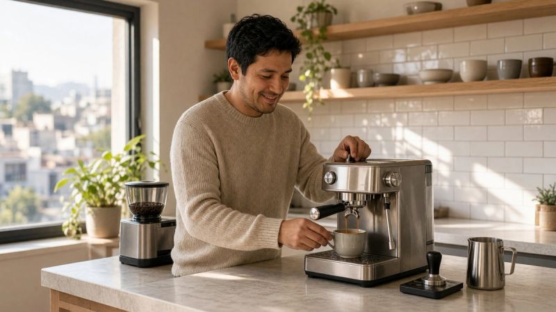 Hombre extrayendo un espresso en una máquina casera compacta en una cocina luminosa, con molino, tamper y jarra para leche sobre la barra