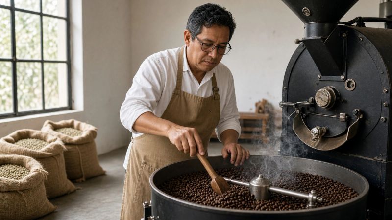 Roaster in glasses stirring freshly roasted beans with a wooden paddle in the cooling tray of a drum roaster, light smoke rising
