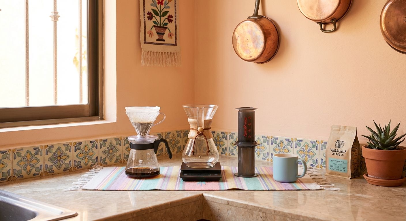 Comparación de métodos de preparación de café mostrando V60, Chemex, Aeropress y máquina de espresso lado a lado con sus respectivos resultados