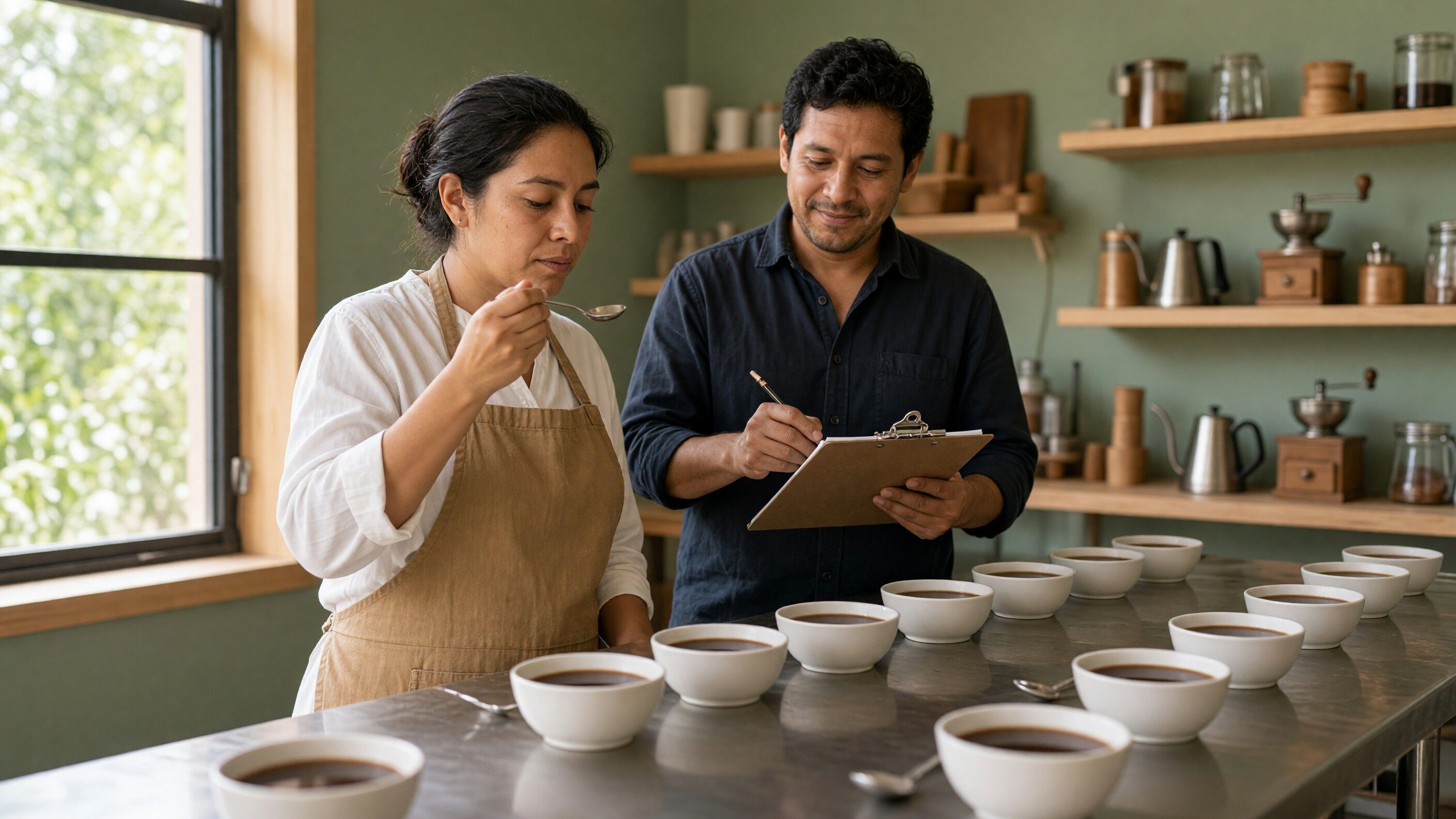 Taster lifting a cupping spoon to her lips while a colleague writes tasting notes on a clipboard, a row of cupping bowls on the table