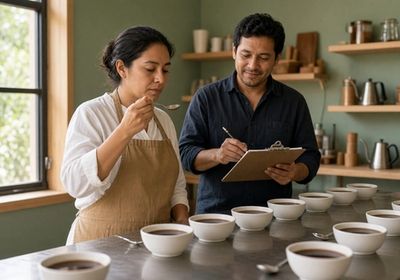 Taster lifting a cupping spoon to her lips while a colleague writes tasting notes on a clipboard, a row of cupping bowls on the table