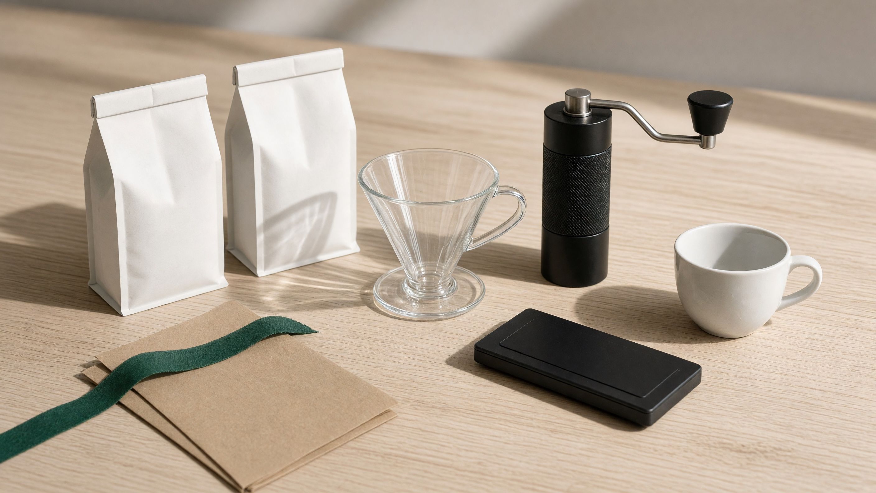 Beautifully wrapped coffee gift set with artisan beans, brewing equipment, and festive holiday decorations