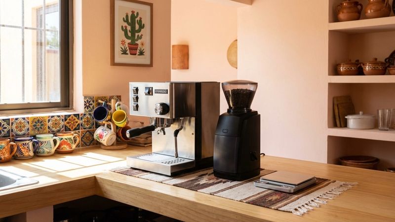 Home espresso setup with a semi-automatic espresso machine, burr grinder, tamper, scale, and accessories arranged on a kitchen counter