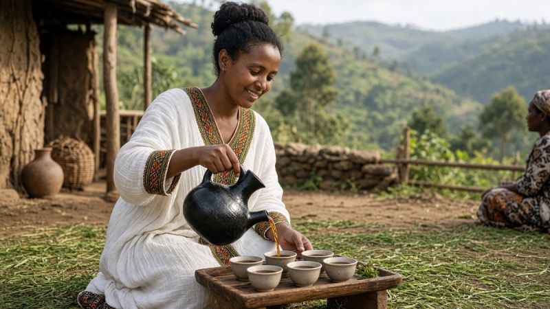 Mujer con vestido blanco tradicional sirviendo café de una jebena de barro en tazas pequeñas durante una ceremonia etíope del café