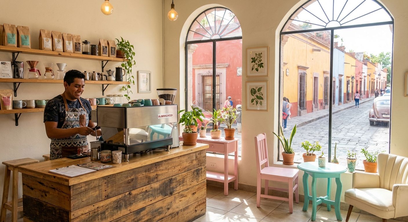 Interior de una cafetería de especialidad moderna con baristas preparando café de filtro detrás del mostrador, mostrando equipo profesional de preparación y granos frescos