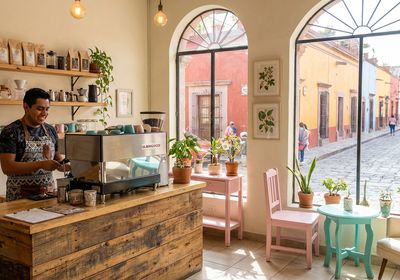 Interior de una cafetería de especialidad moderna con baristas preparando café de filtro detrás del mostrador, mostrando equipo profesional de preparación y granos frescos