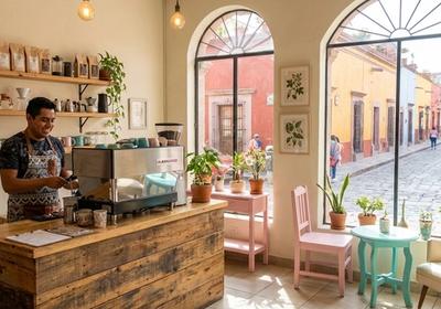 Intérieur d'un café de spécialité moderne avec des baristas préparant du café filtre derrière le comptoir, présentant un équipement de préparation professionnel et des grains frais