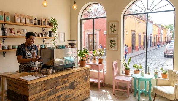 Interior de una cafetería de especialidad moderna con baristas preparando café de filtro detrás del mostrador, mostrando equipo profesional de preparación y granos frescos