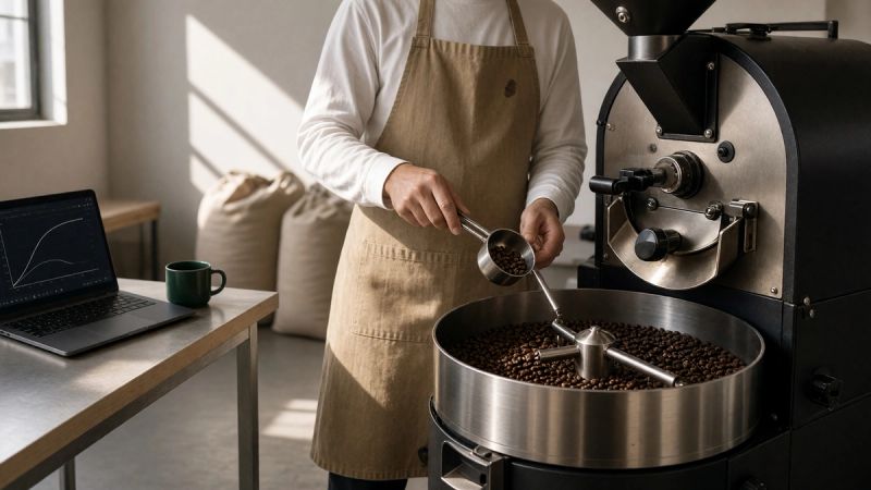 Coffee roaster carefully monitoring beans in a modern roasting machine, with freshly roasted coffee in the cooling tray releasing aromatic smoke