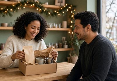 Woman laughing as she opens a gift box with a bag of coffee, a mug and a pour-over dripper, her friend smiling across the table