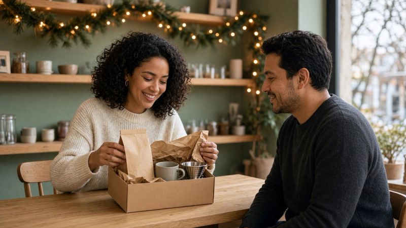 Woman laughing as she opens a gift box with a bag of coffee, a mug and a pour-over dripper, her friend smiling across the table