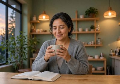 Woman smiling with a cup of coffee in both hands and an open book, in a café at dusk
