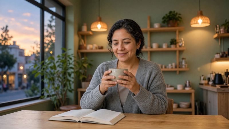 Woman smiling with a cup of coffee in both hands and an open book, in a café at dusk
