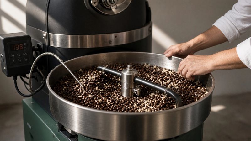 Coffee roasting drum with beans at different roast levels showing the scientific transformation from green to dark roast