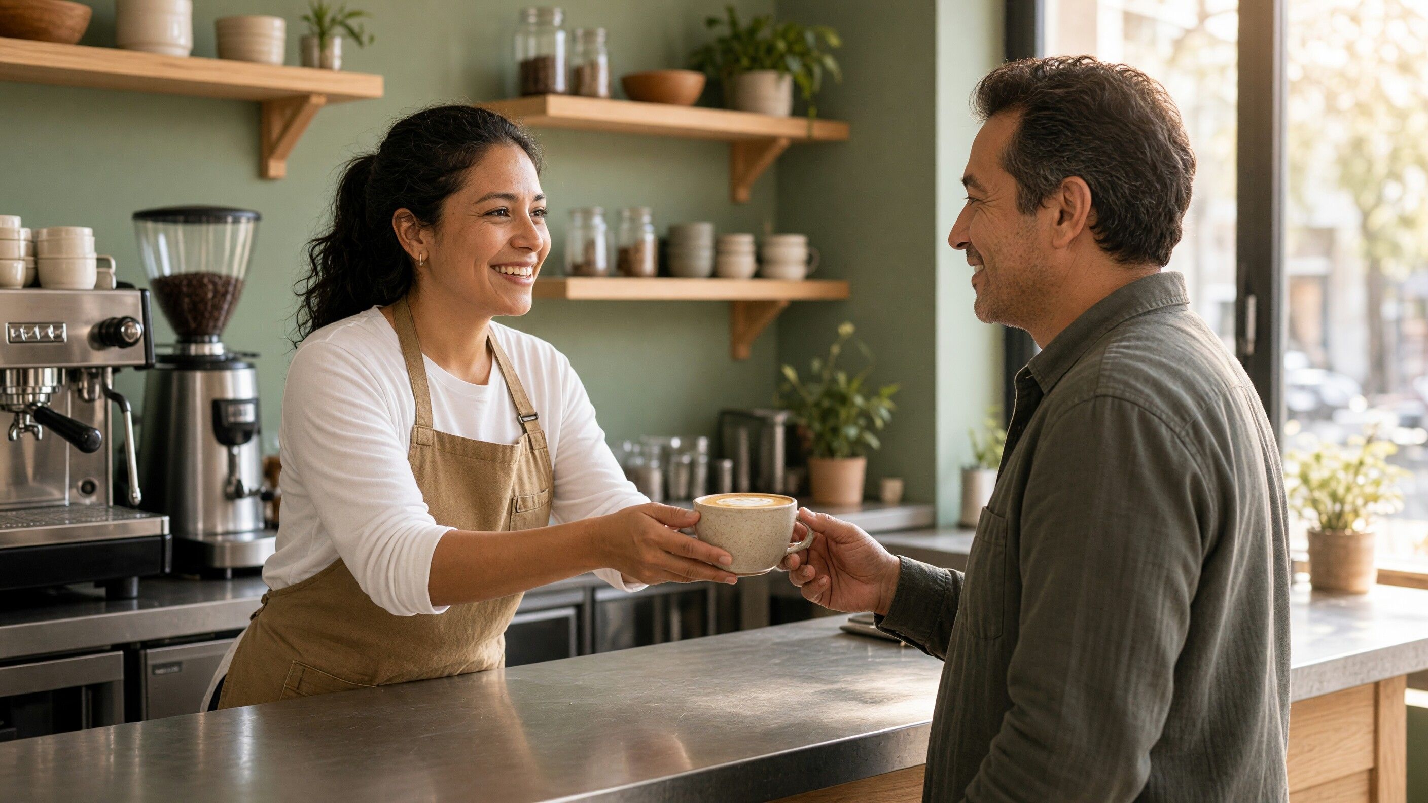 Smiling barista handing a flat white across the counter to a customer in a bright specialty coffee shop
