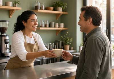 Smiling barista handing a flat white across the counter to a customer in a bright specialty coffee shop