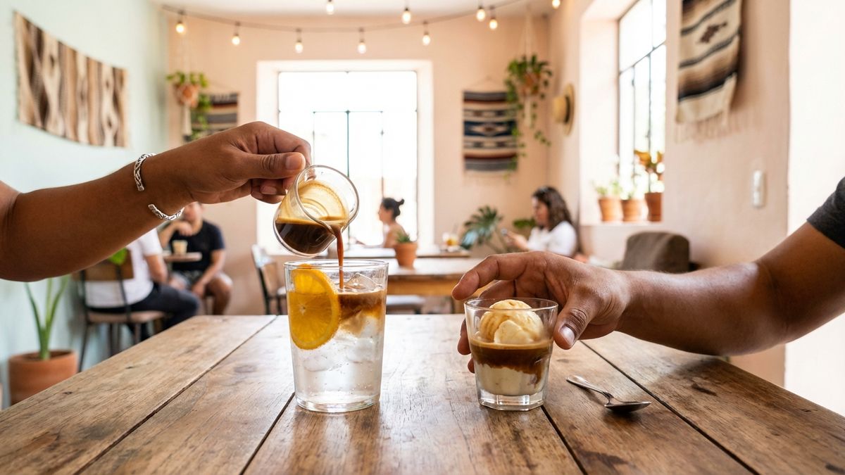 フレッシュハーブと柑橘類で飾られたエレガントなグラスに入った爽やかなコーヒーカクテル、春の季節にぴったり