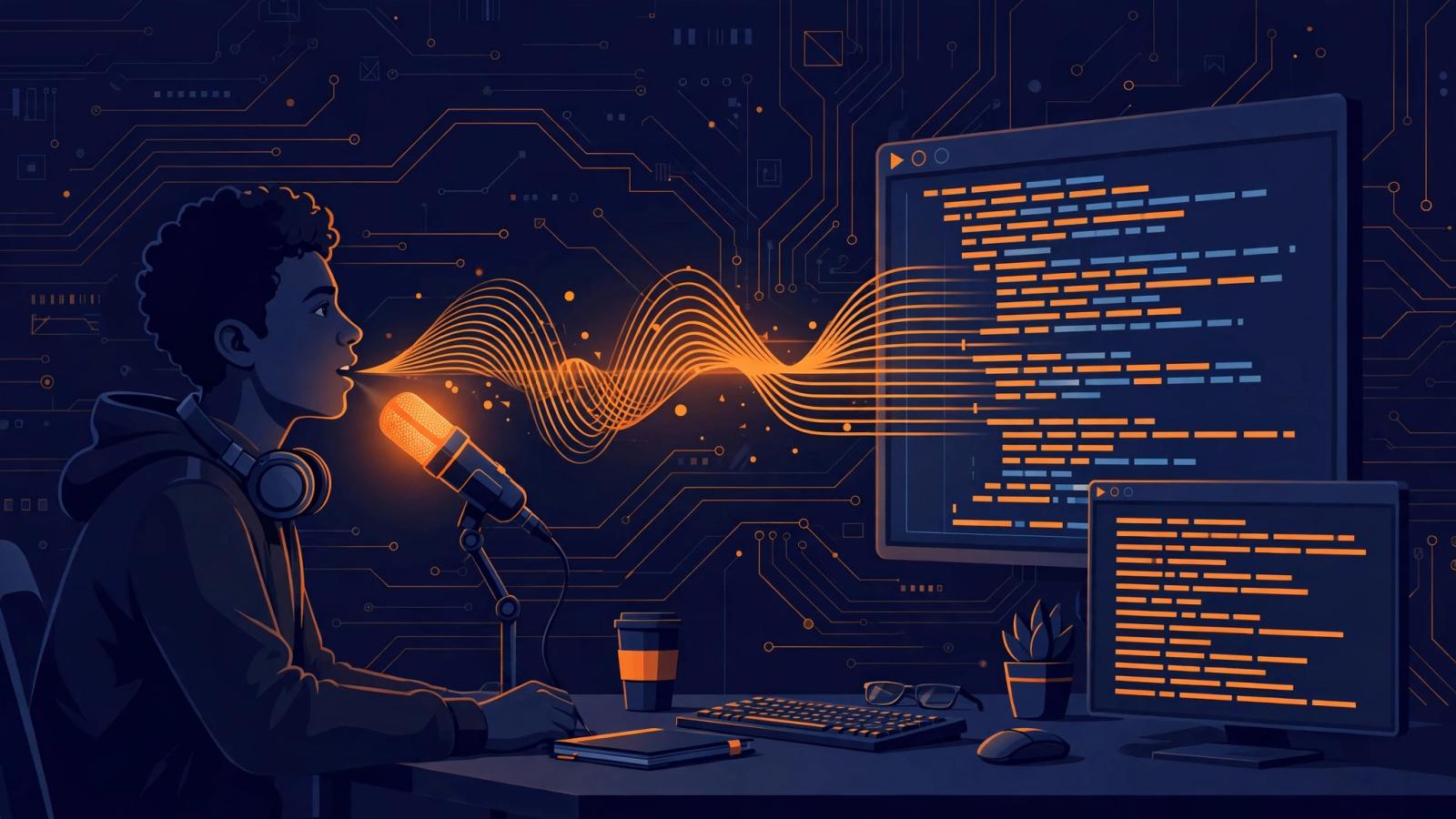 Editorial illustration of a developer speaking into a microphone while spoken words turn into polished text in a terminal window and code editor.