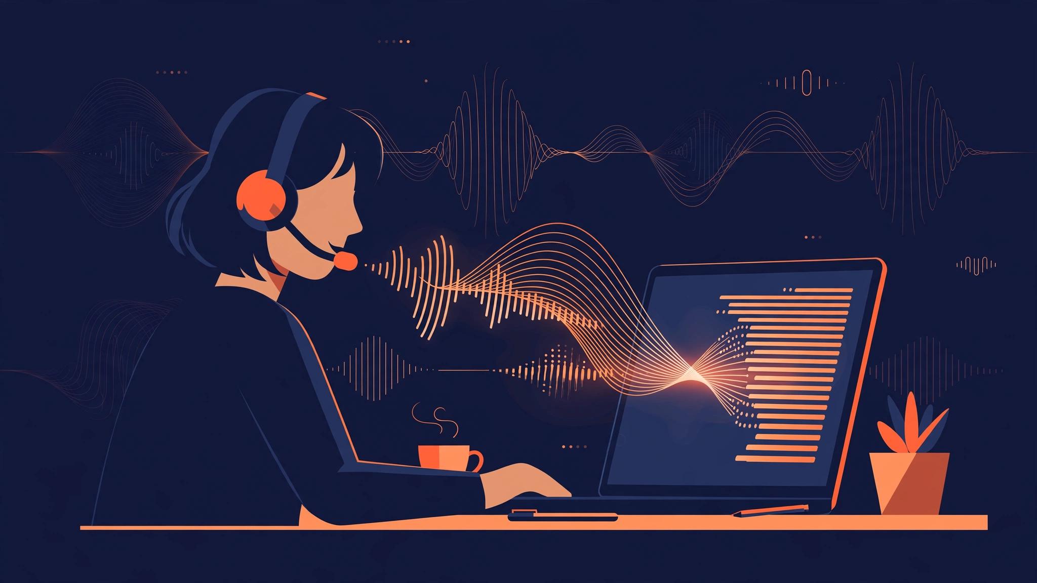 Editorial illustration of a person dictating at a Windows-style desk setup, microphone waves rising from a speech bubble, dark navy background with orange accents.